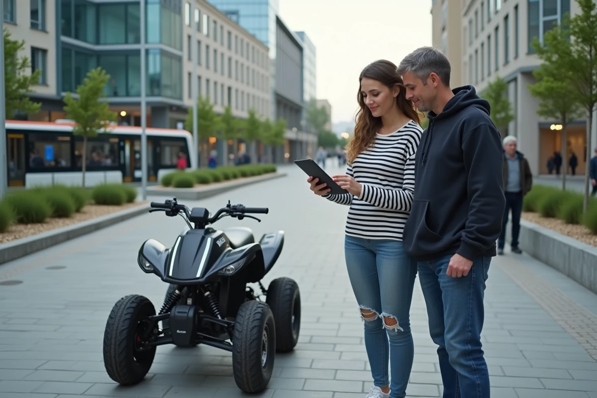 Deux amis consultant une tablette près d'une voiture sans permis électrique sur une place urbaine française moderne