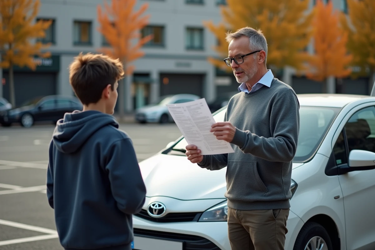 Moniteur de conduite encourageant un adolescent dans un parking