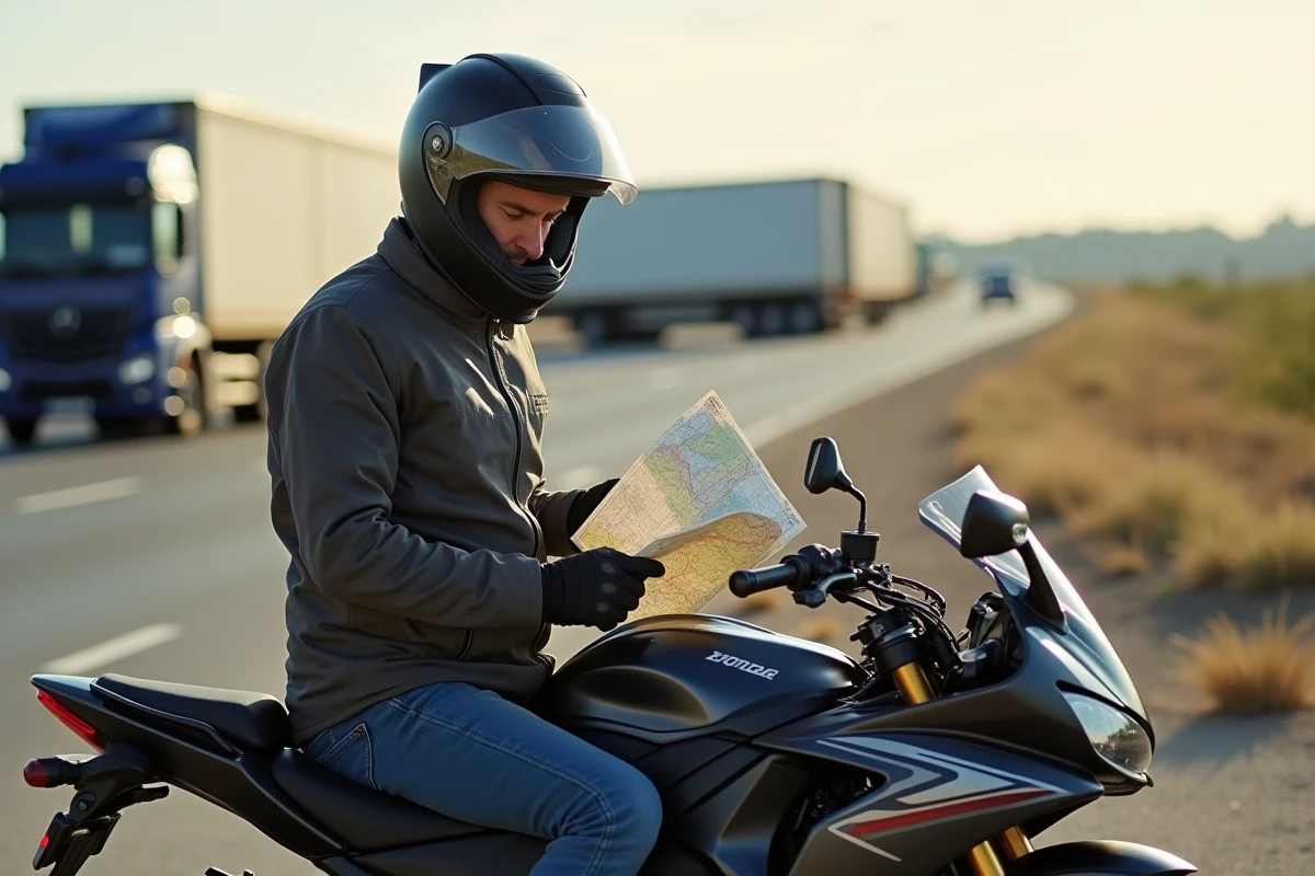 Motard assis sur une Honda CBR 1000 F consultant une carte routière dans une aire de repos autoroutière en France