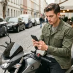 Jeune motard consultant un comparateur d'assurance moto 125 sur son smartphone assis sur sa moto en ville