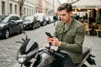 Jeune motard consultant un comparateur d'assurance moto 125 sur son smartphone assis sur sa moto en ville