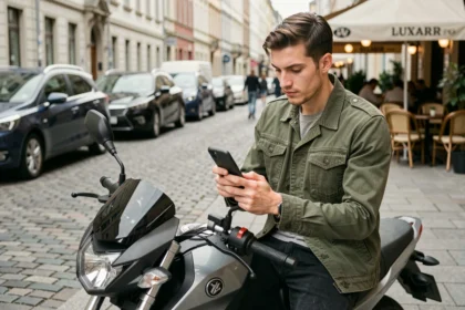 Jeune motard consultant un comparateur d'assurance moto 125 sur son smartphone assis sur sa moto en ville