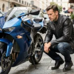 Motard en blouson cuir noir évaluant son moto sport bleue sur une rue urbaine pavée, illustration du coût d'une assurance moto tous risques