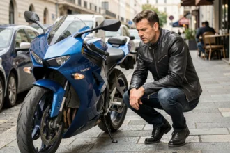 Motard en blouson cuir noir évaluant son moto sport bleue sur une rue urbaine pavée, illustration du coût d'une assurance moto tous risques
