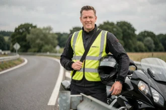 Motard portant un gilet jaune haute visibilité par-dessus sa veste de moto au bord d'une route française, illustrant l'obligation légale du gilet jaune moto en 2026