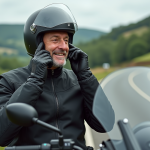 Motard ajustant son intercom dans son casque en pleine nature