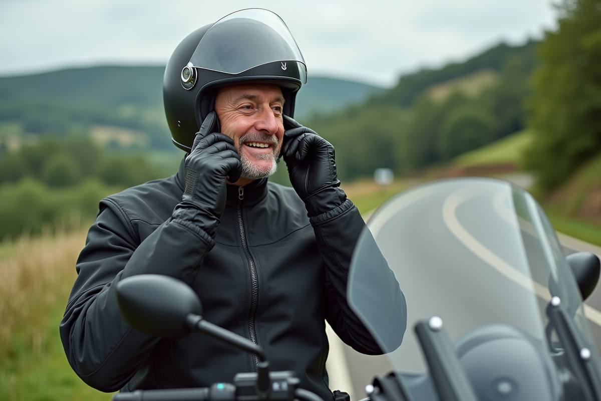 Motard ajustant son intercom dans son casque en pleine nature