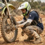 Motard en tenue de motocross inspectant sa moto cross sur un terrain poussiéreux