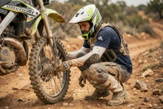Motard en tenue de motocross inspectant sa moto cross sur un terrain poussiéreux