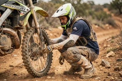 Motard en tenue de motocross inspectant sa moto cross sur un terrain poussiéreux