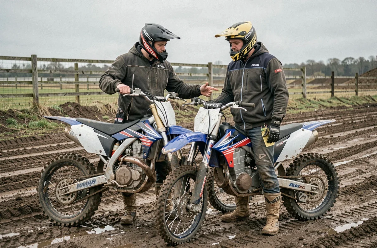 Deux motards discutant de leur moto cross sur un circuit de cross en terre