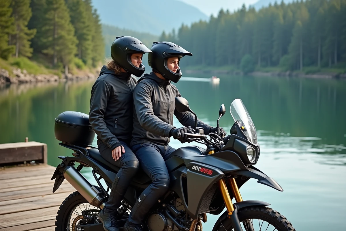Motards en tenue de trail assis sur leur moto chargée à bord d'un ferry fluvial lors d'un grand voyage