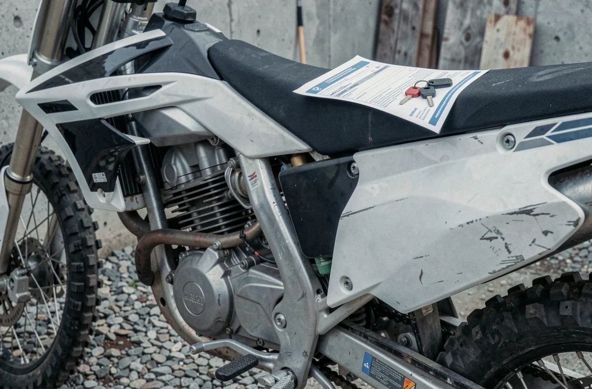 Moto cross garée avec des documents d'assurance posés sur la selle