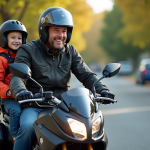 Homme en moto avec enfant en siège sécurisé sur une moto moderne
