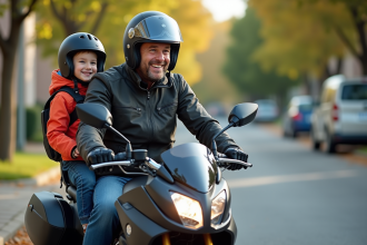 Homme en moto avec enfant en siège sécurisé sur une moto moderne