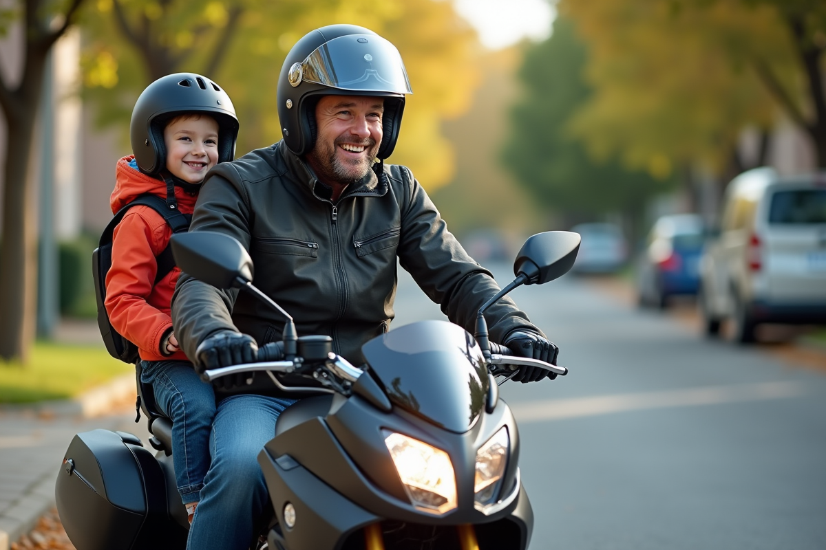 Homme en moto avec enfant en siège sécurisé sur une moto moderne