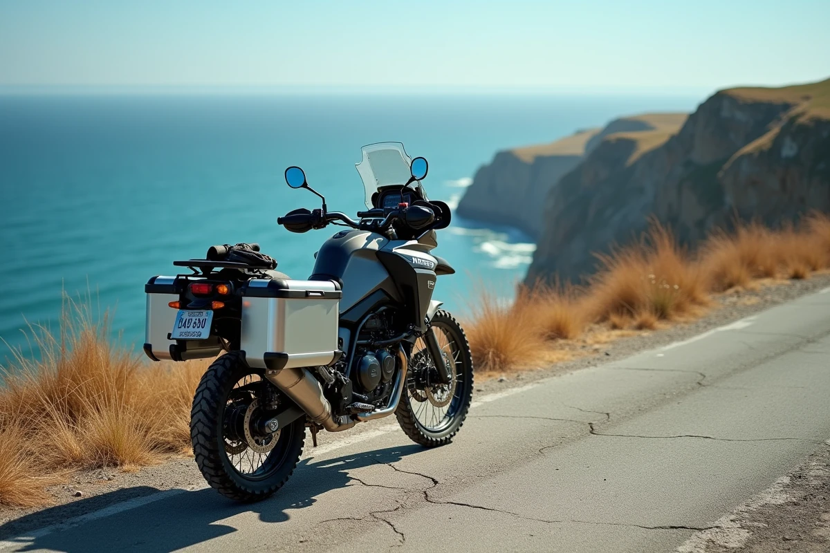 Moto trail équipée de valises et top case garée sur une route côtière lors d'un voyage en duo