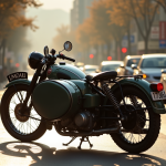 Moto vintage avec sidecar sur une rue urbaine ensoleillee