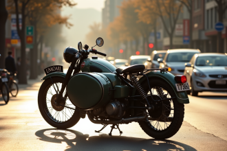 Moto vintage avec sidecar sur une rue urbaine ensoleillee