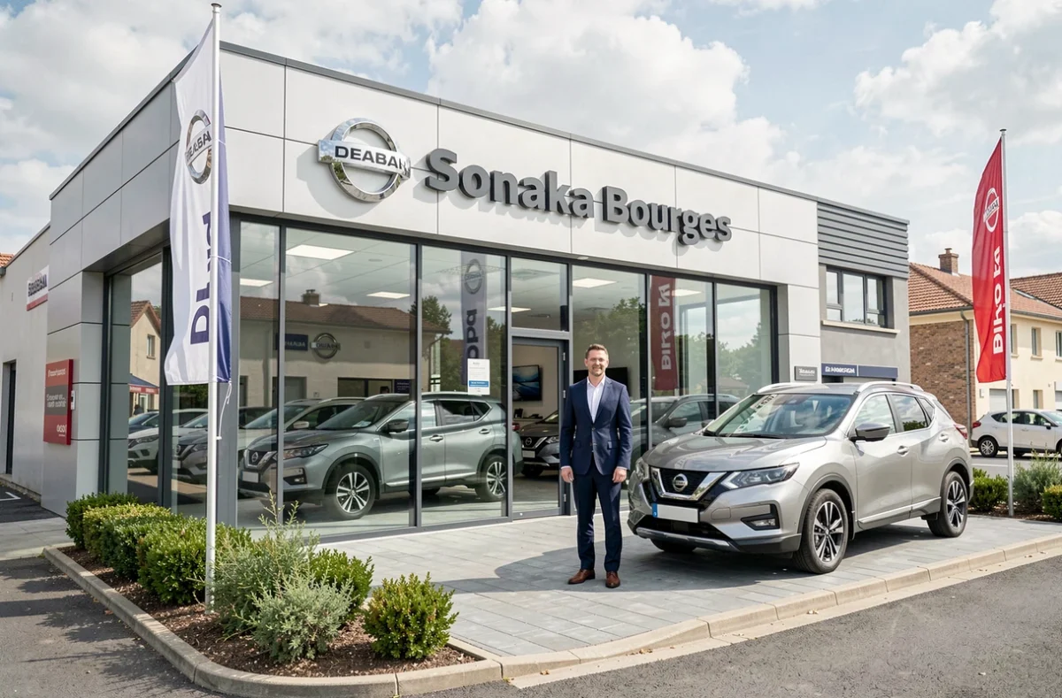 Showroom Nissan Sonaka à Bourges avec un conseiller commercial et un SUV en exposition extérieure