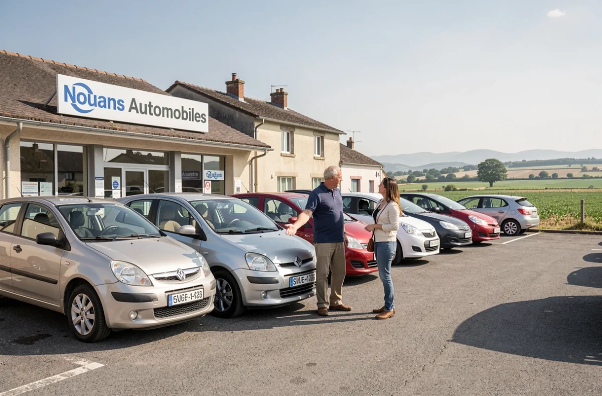 Concessionnaire Nouans Automobiles avec un vendeur accueillant des clients devant des véhicules d'occasion