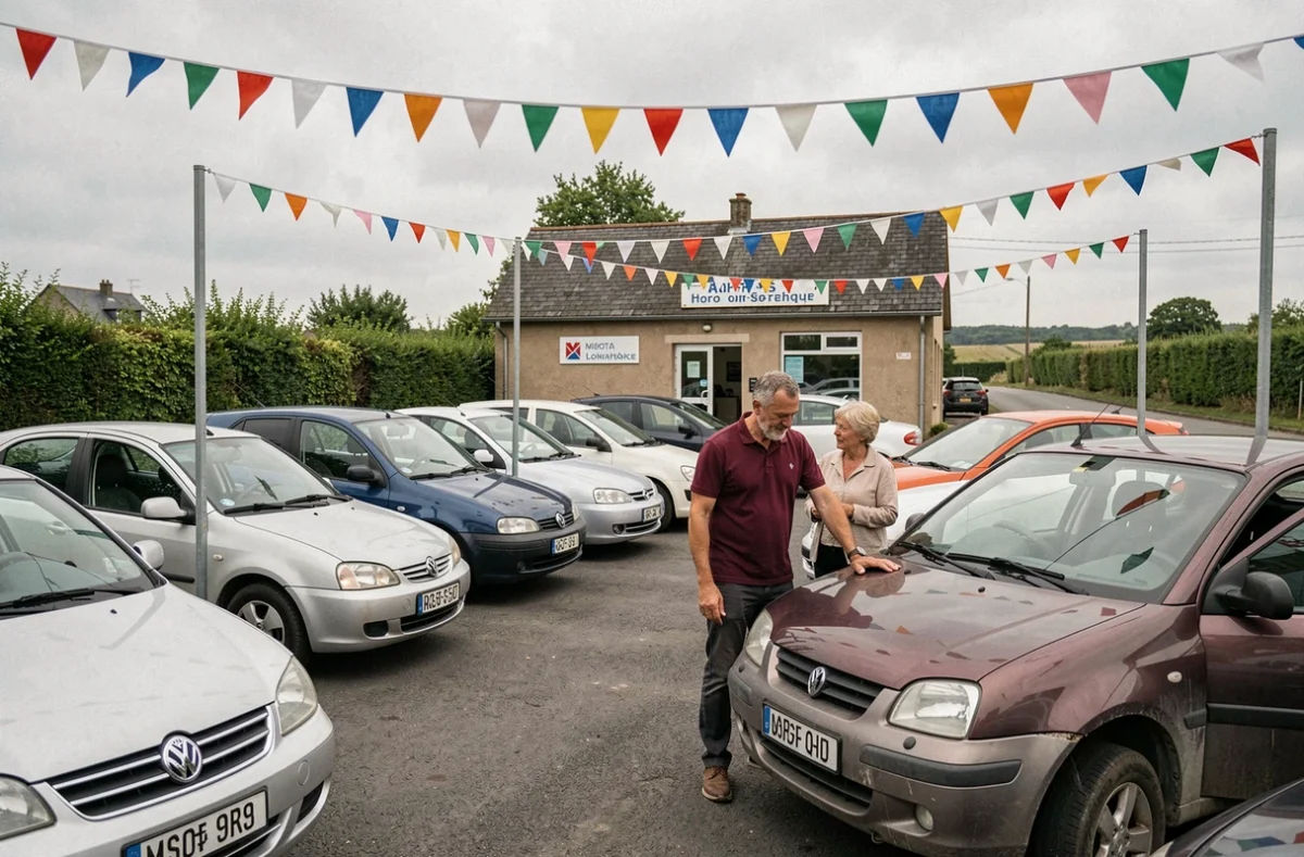 Parking extérieur de la concession Origami Autos à Nort-sur-Erdre avec un vendeur et une cliente inspectant un véhicule d'occasion parmi la flotte exposée