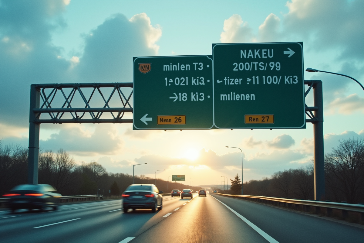 Grand panneau routier indiquant distances en miles et kilomètres avec voitures en passage