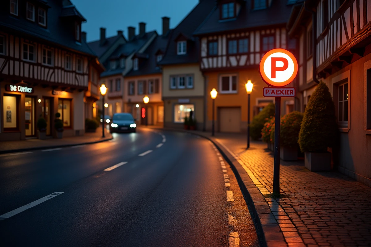 Parking de nuit en plein air près du centre historique de Colmar avec bâtiments alsaciens en arrière-plan