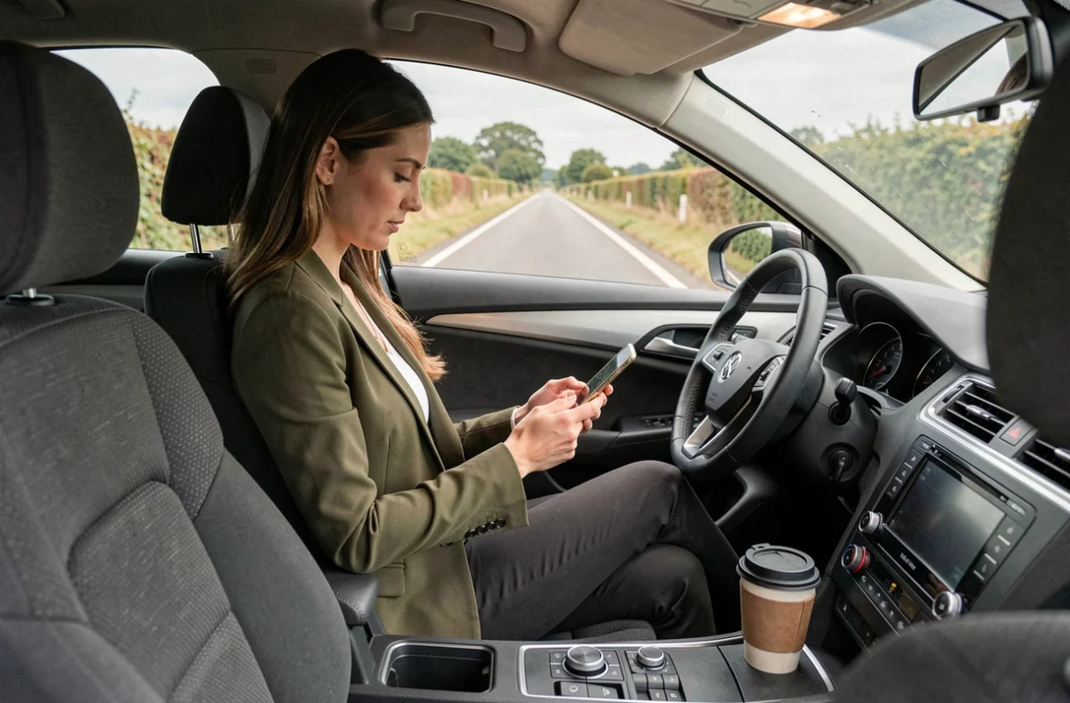 Passagère en covoiturage sur la route entre Chavagne et Rennes lors d'un trajet domicile-travail quotidien