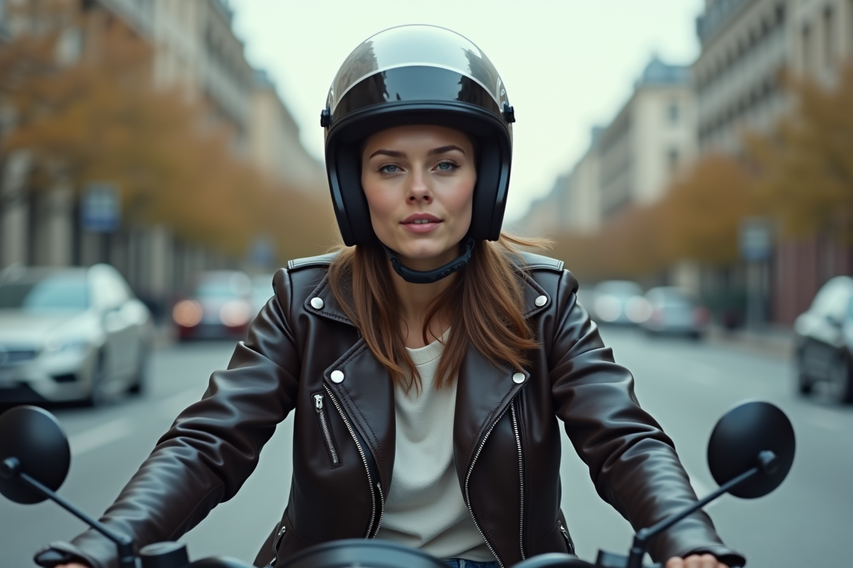 Jeune femme en moto en ville écoute de la musique avec intercom