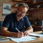 Passionné automobile étudiant une liste de marques de voitures en X sur son bureau encombré de magazines et de notes manuscrites