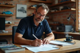 Passionné automobile étudiant une liste de marques de voitures en X sur son bureau encombré de magazines et de notes manuscrites