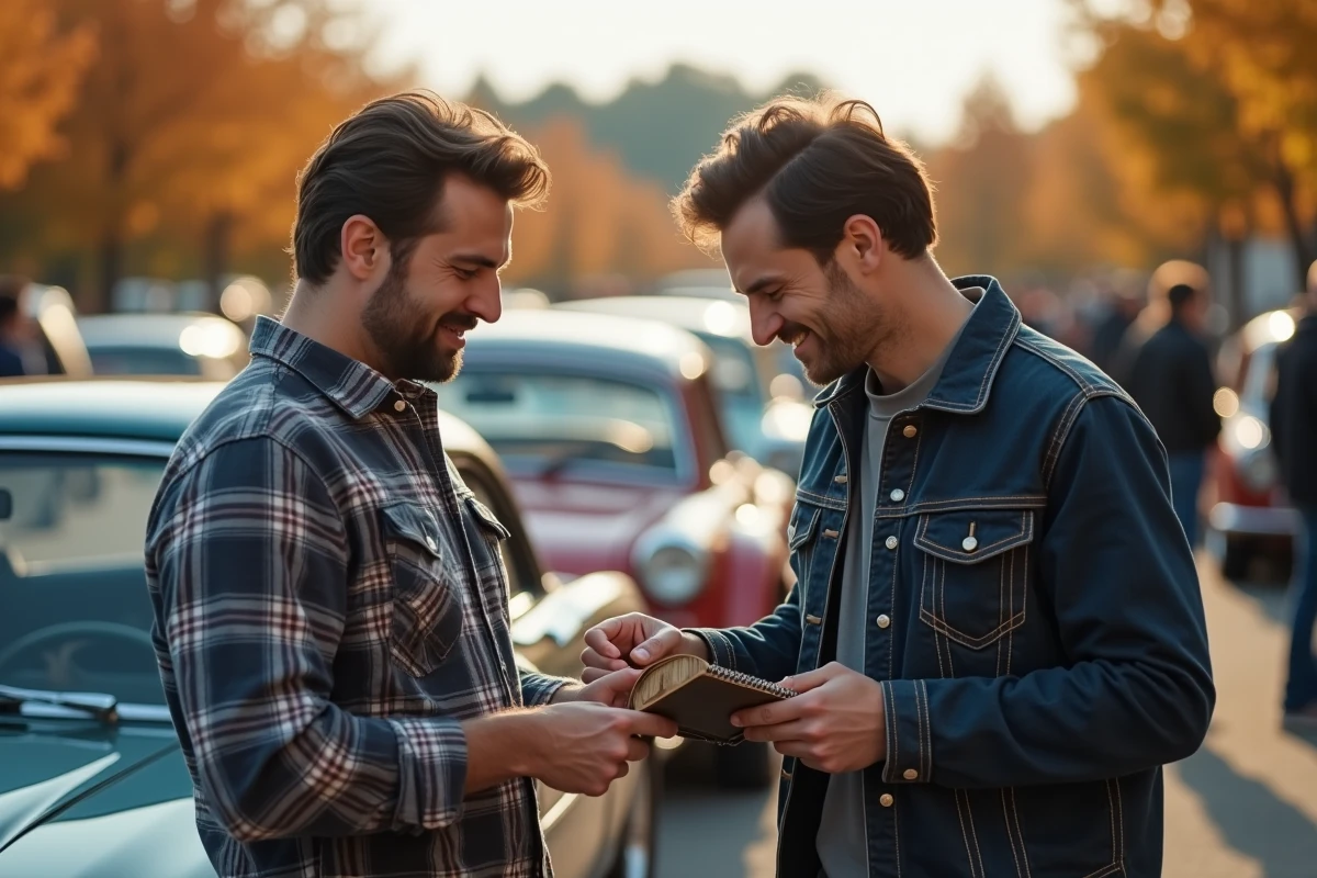 Deux passionnés d'automobiles discutant des marques de voitures en X devant un véhicule classique lors d'un rassemblement
