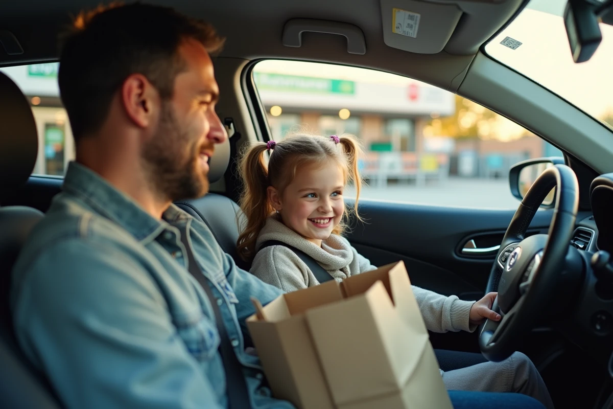Pere chargeant les courses dans la voiture avec sa fille