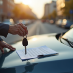 Personne tenant des clés de voiture devant une voiture garée en extérieur