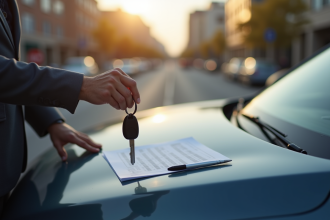Personne tenant des clés de voiture devant une voiture garée en extérieur