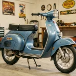 Peugeot 103 SP bleu d'origine en parfait état dans un garage vintage, vue 3/4 mettant en valeur la carrosserie bleue métallisée et les détails chromés