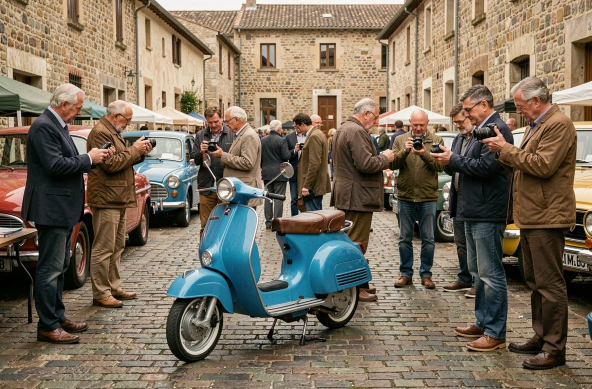 Peugeot 103 SP bleue exposée dans un marché de motos anciennes, entourée de collectionneurs lors d'une brocante en plein air sur pavés