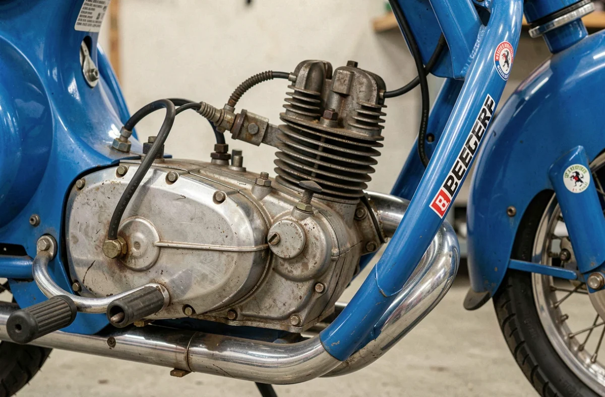 Gros plan sur le moteur et le cadre bleu d'origine d'un Peugeot 103 SP, révélant les détails chromés et les autocollants d'époque en bon état