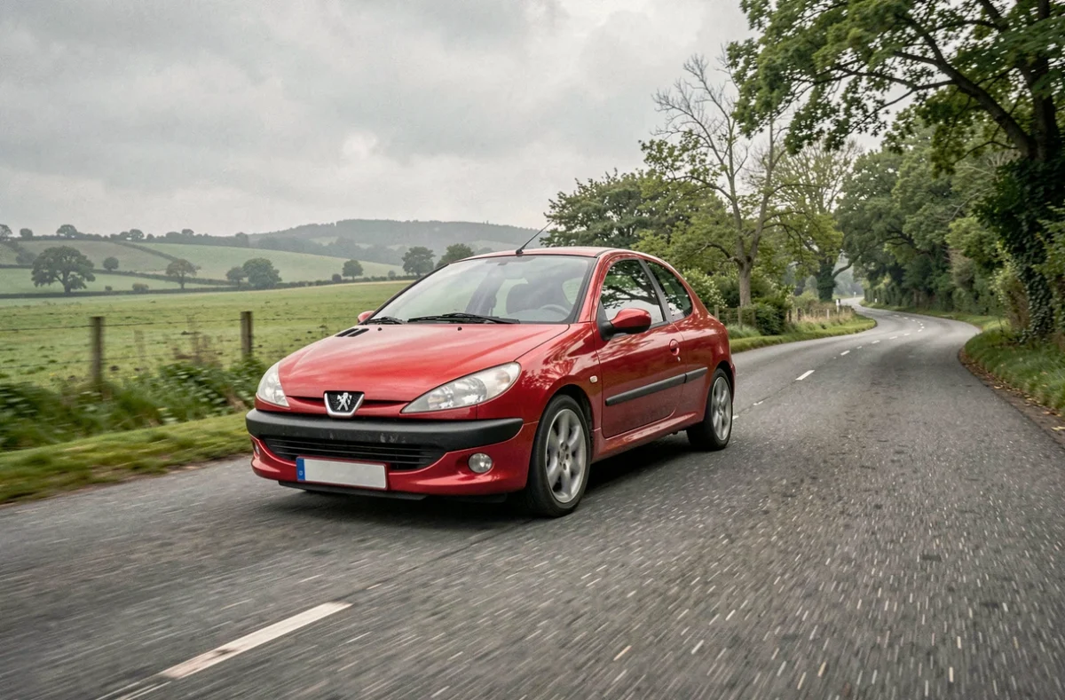 Peugeot 206 hatchback rouge en conduite sur route de campagne illustrant les performances après reprogrammation