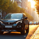 Peugeot 3008 garée en ville au matin ensoleillé