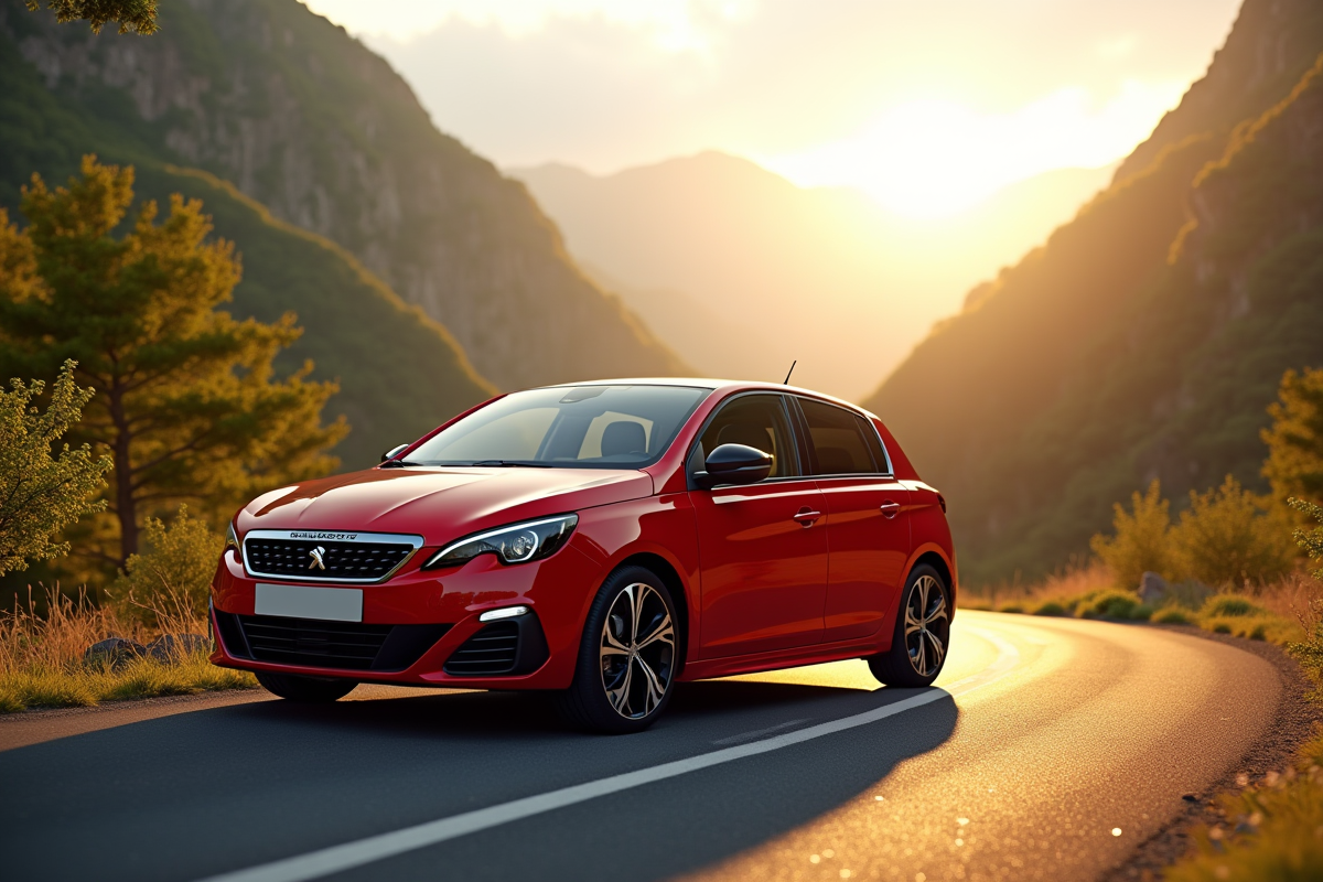 Peugeot 308 GTI rouge sur route de montagne en fin de journée