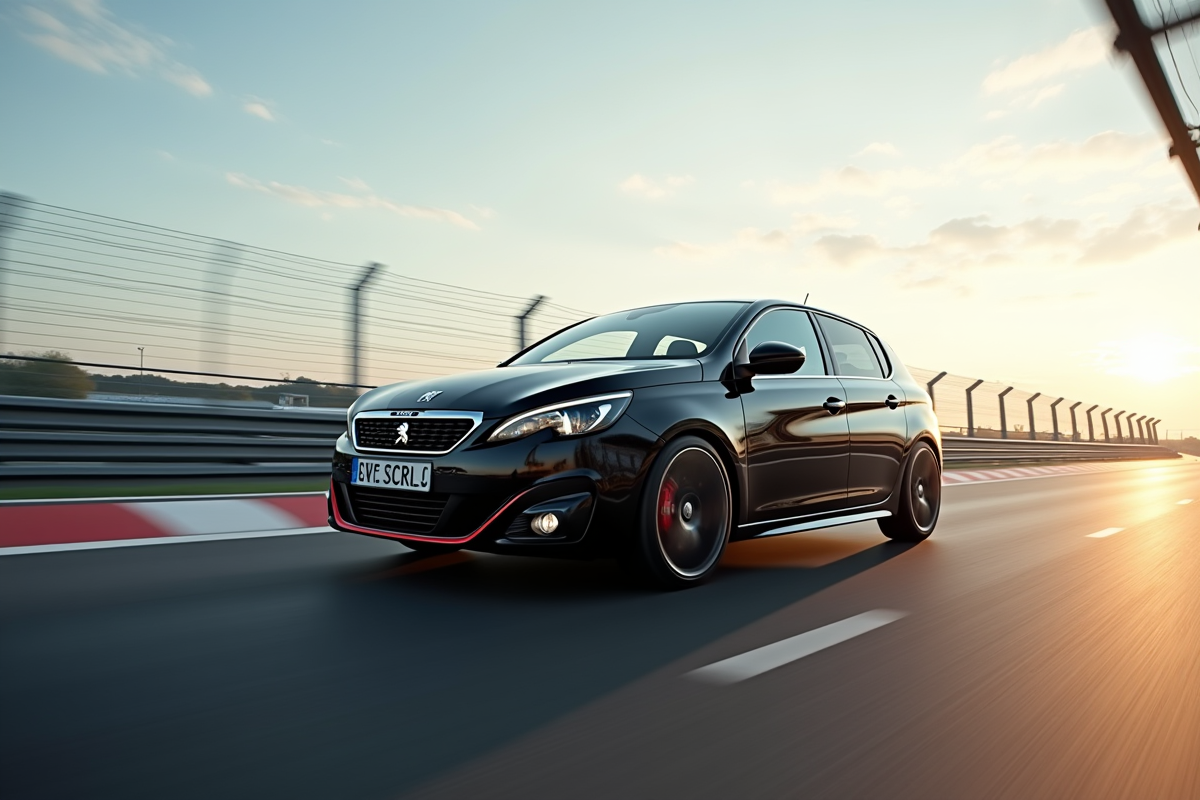 Peugeot 308 GTI en pleine course sur circuit moderne