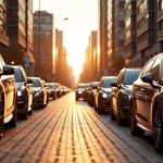 Plusieurs Peugeot 408 garées en ville lors du golden hour