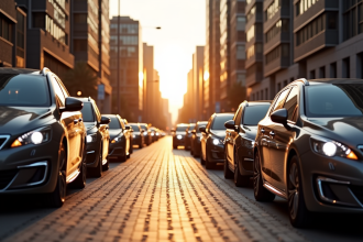 Plusieurs Peugeot 408 garées en ville lors du golden hour