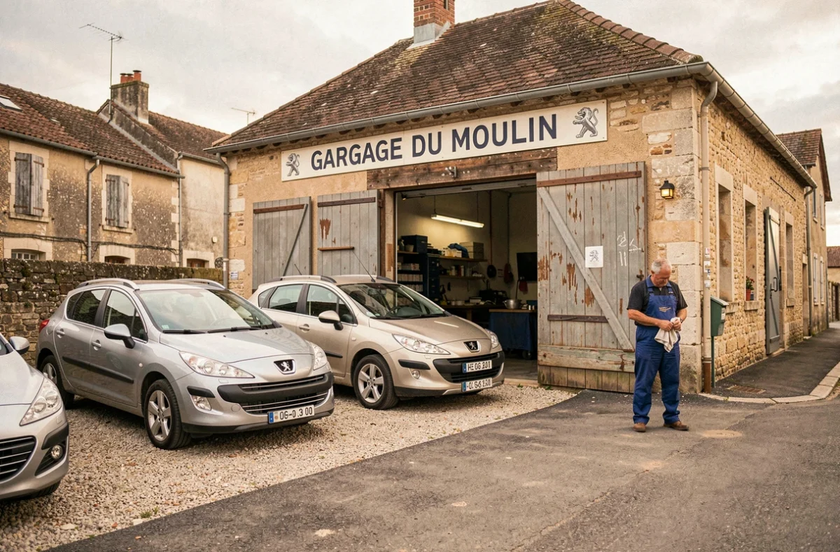 Garage Peugeot du Moulin à Houdan avec des voitures d'occasion Peugeot et un mécanicien devant les ateliers