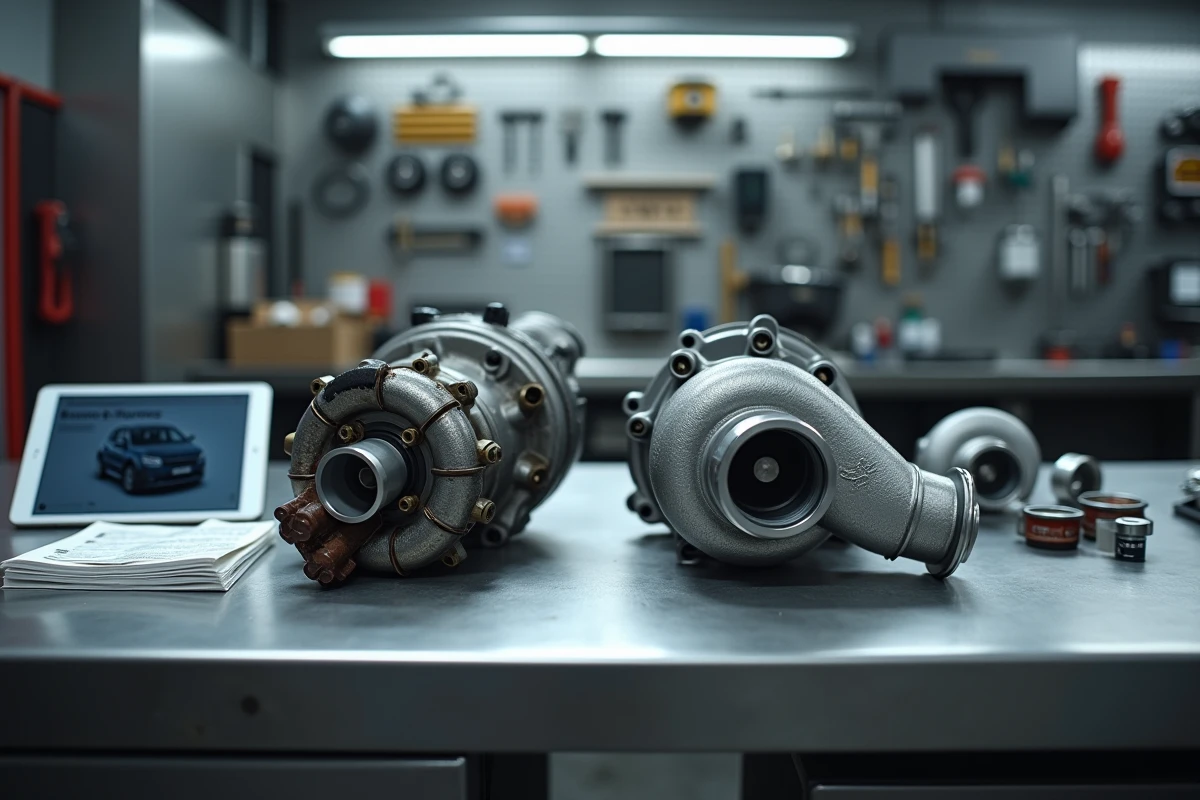 Pièces usées et neuves d'un moteur 1.6 TDI 105 posées sur un établi d'atelier mécanique pour comparaison