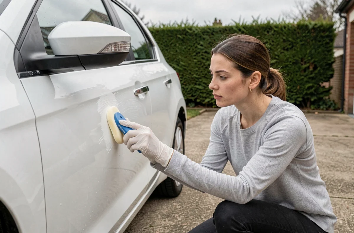 Femme appliquant un polish à la main sur la portière d'une voiture blanche dans une allée résidentielle avant rénovation