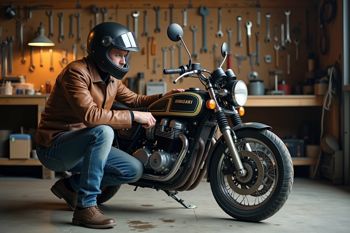 Mécanicien inspectant le carburateur d'une Kawasaki KZ400J dans un atelier garage avant un long road-trip, ambiance mécanique vintage