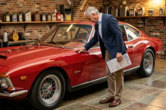 Propriétaire examinant une Ferrari ancienne des années 60 dans un garage privé en pierre, tenant un dossier d'assurance pour voiture de collection